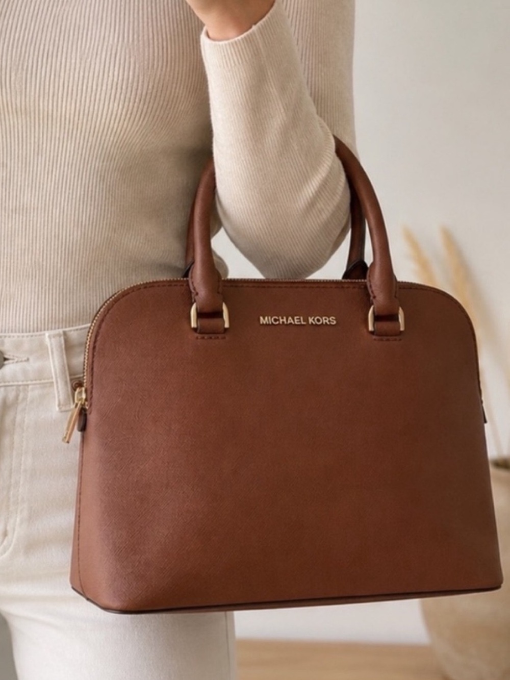 Michael Kors Cindy Large Dome Satchel Brown Saffiano Leather Handbag